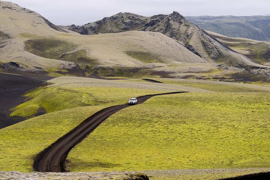 Ruta F206 y musgo fluorescente en la ruta de Laki