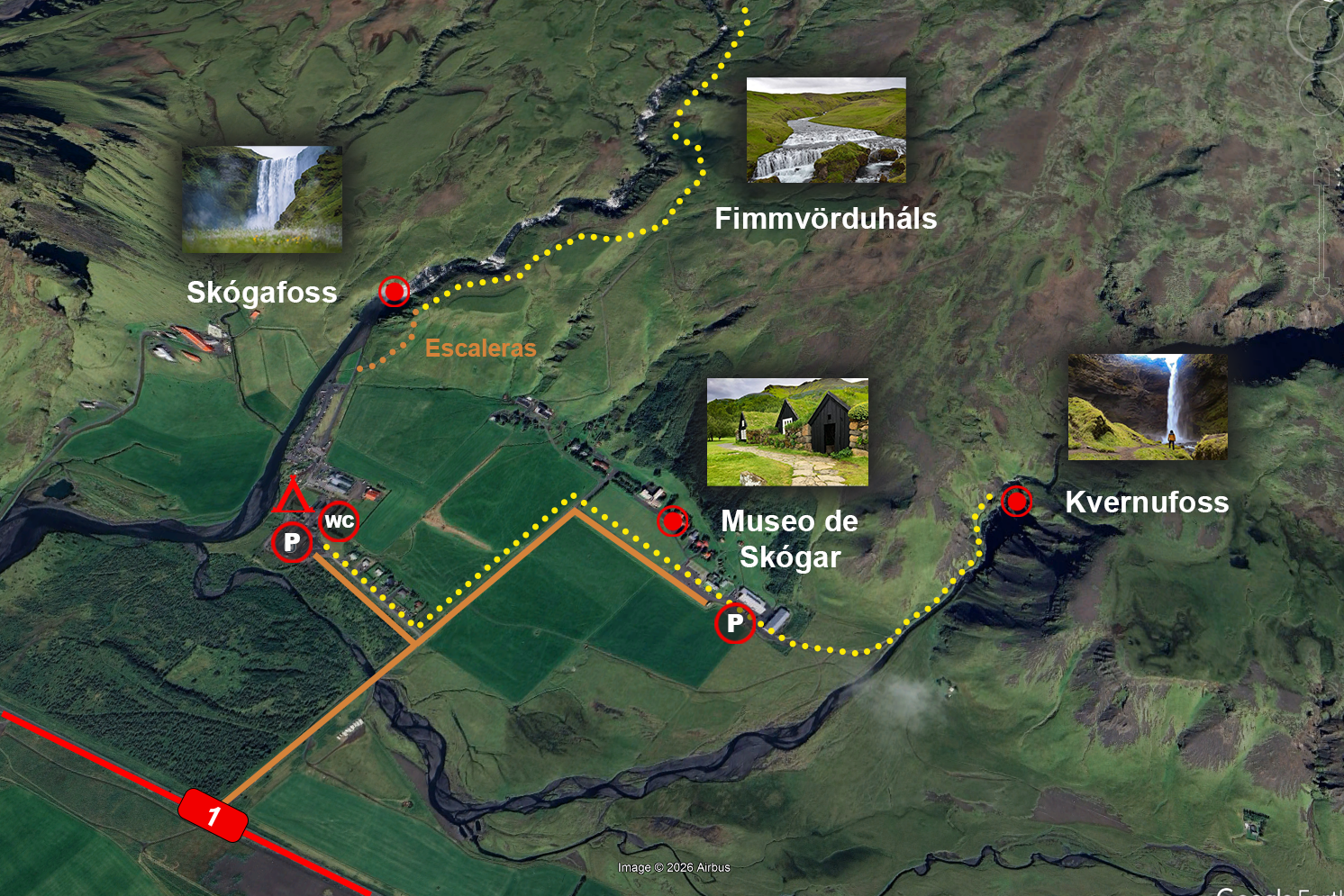 Mapa para visitar Skógafoss y alrededores