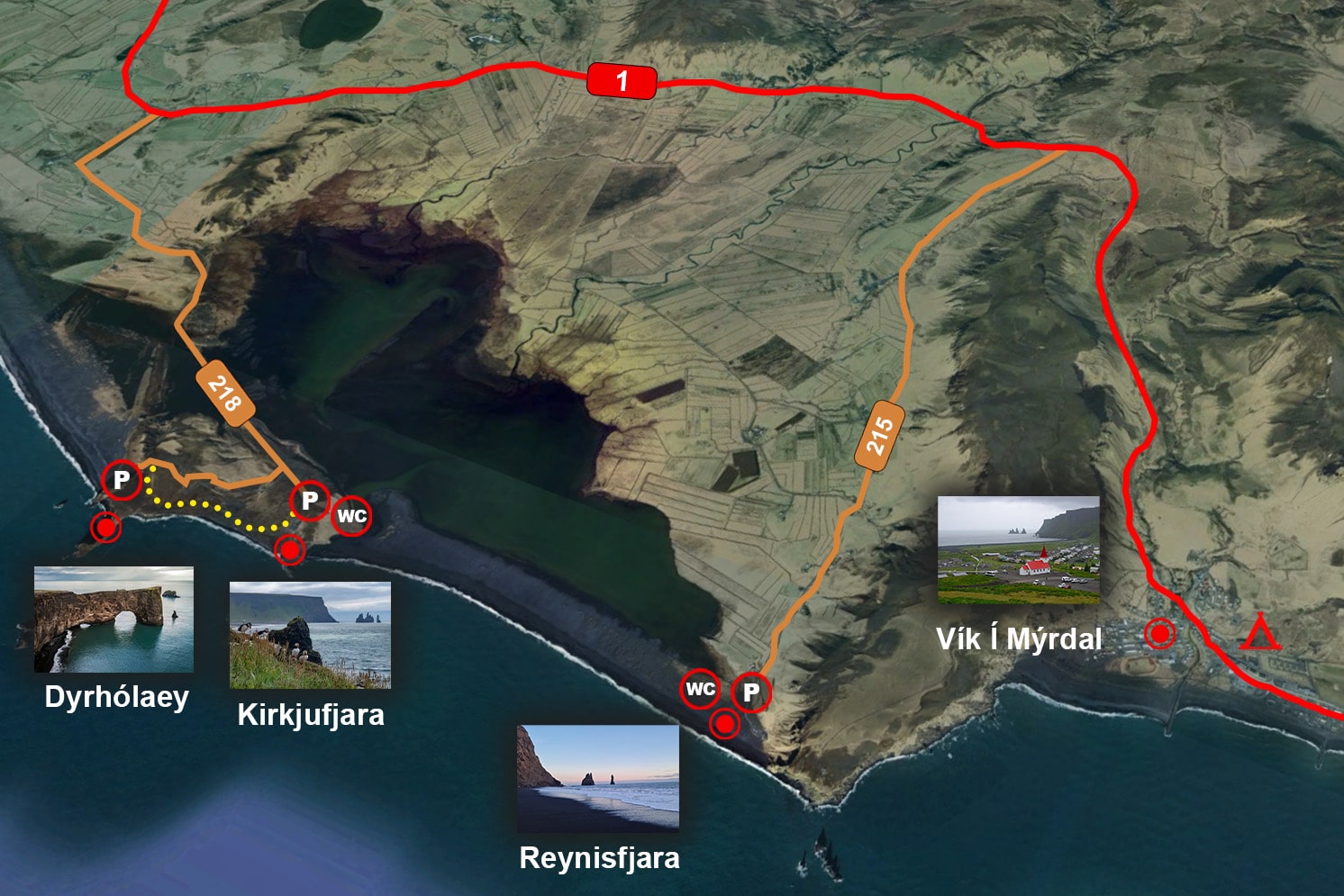 Mapa para visitar Vík, Reynisfjara, Dyrhólaey y las playas de arena negra del sur de Islandia