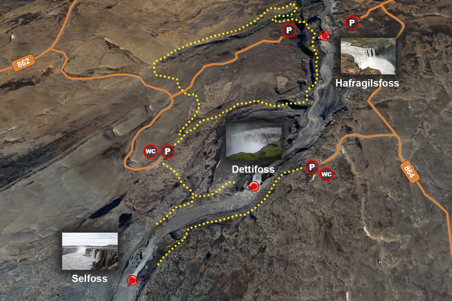 Mapa para visitar Dettifoss