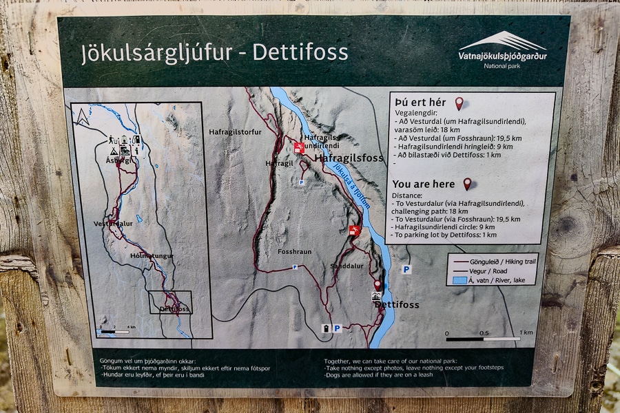 Mapa de la ruta de Hafragilsfoss desde Dettifoss
